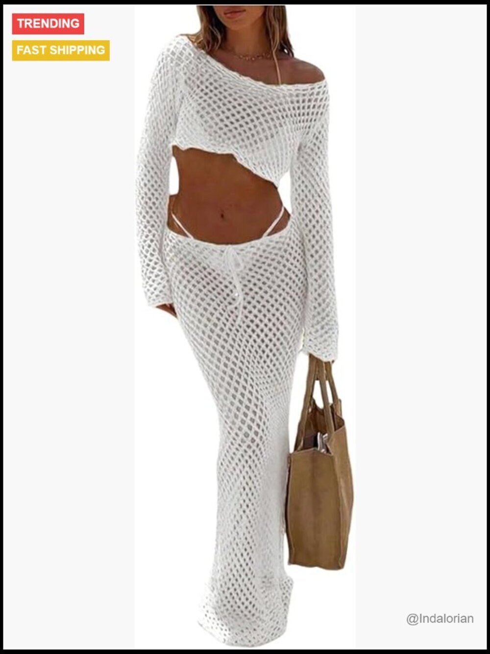 2 Piece Crochet Swim Cover Up Set Long Sleeve Crop Top and Maxi Skirt Beach